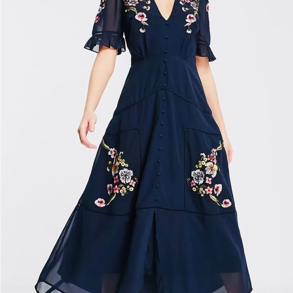 HOPE & IVY Dress Claudine Maxi Navy Chiffon Floral Embroidery NWT Sz 8 - Picture 7 of 14